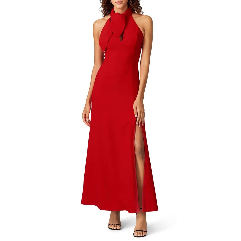 C/MEO Collective Chapter One Gown Red Maxi Dress Halter Bow Keyhole Slit Sz 4
